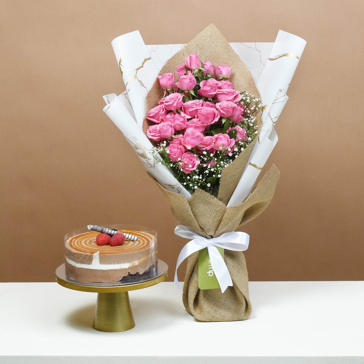Blushing Beauty Roses and Cake Surprise
