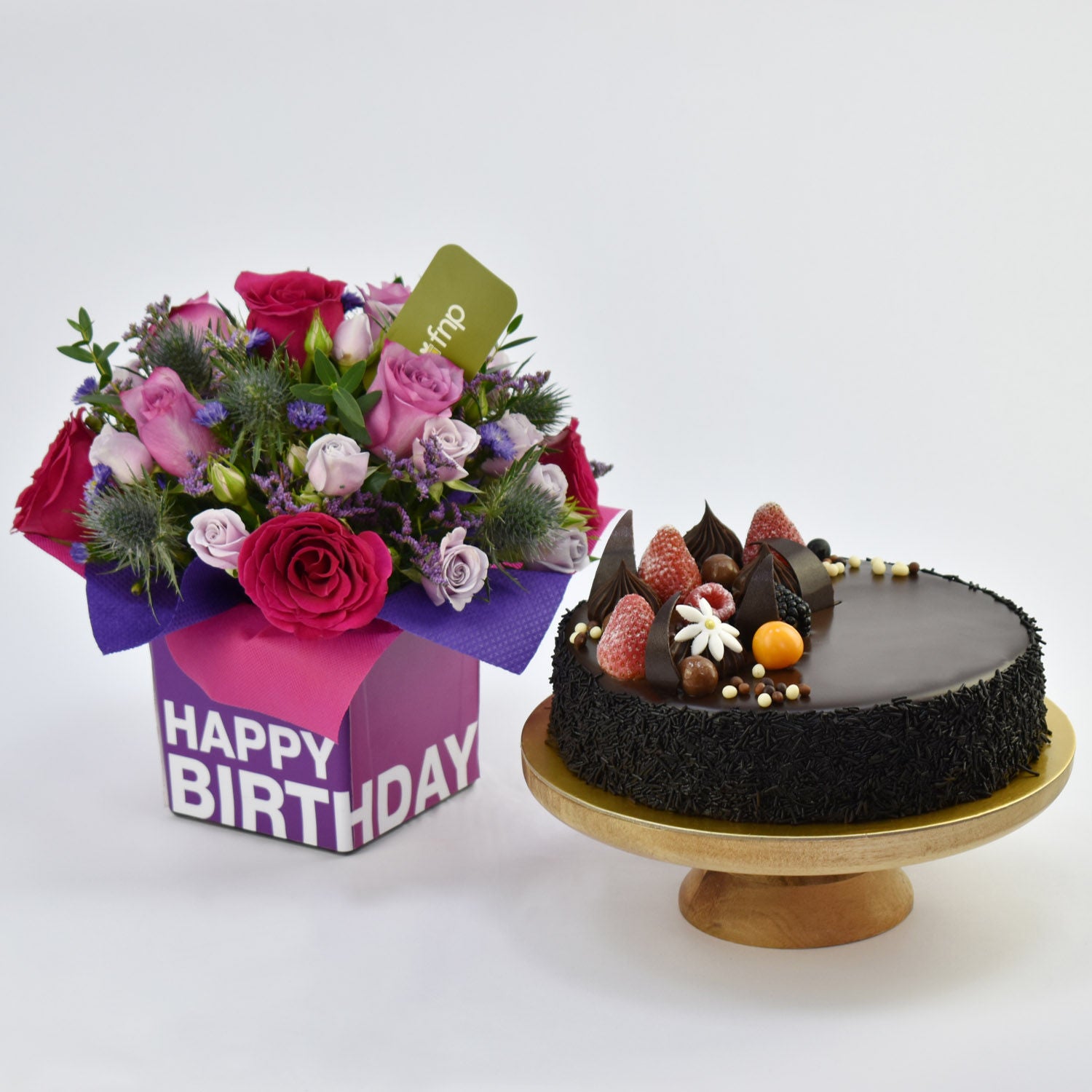 Chocolate Cake With Birthday Flower Arrangement