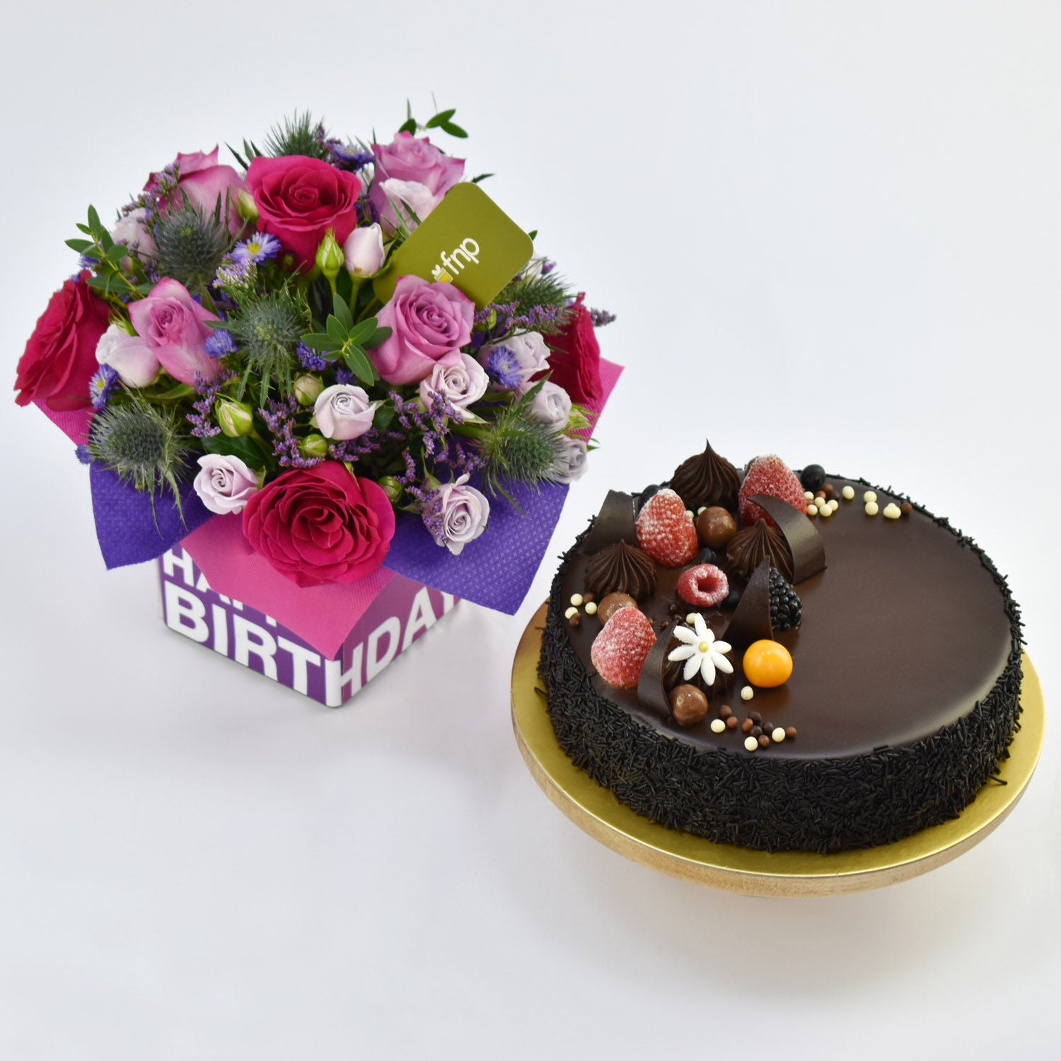 Chocolate Cake With Birthday Flower Arrangement