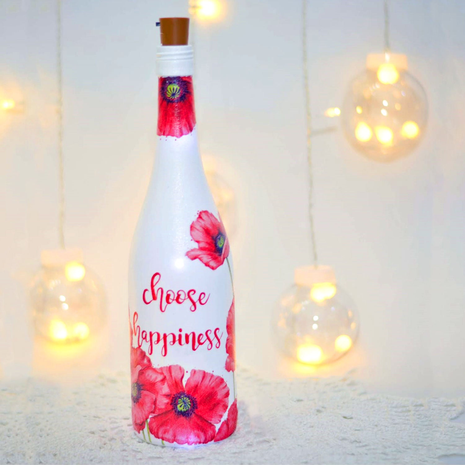 Choose Happiness Hand Painted Glass Bottle With Led