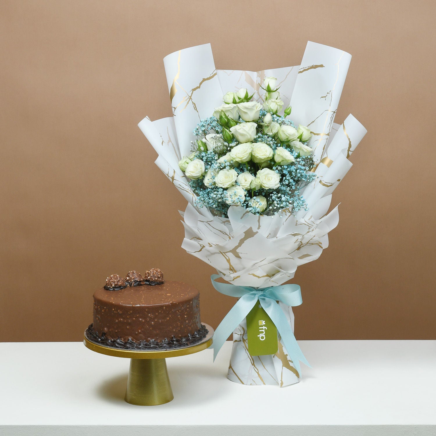 Elegance White Roses Bouquet with Cake