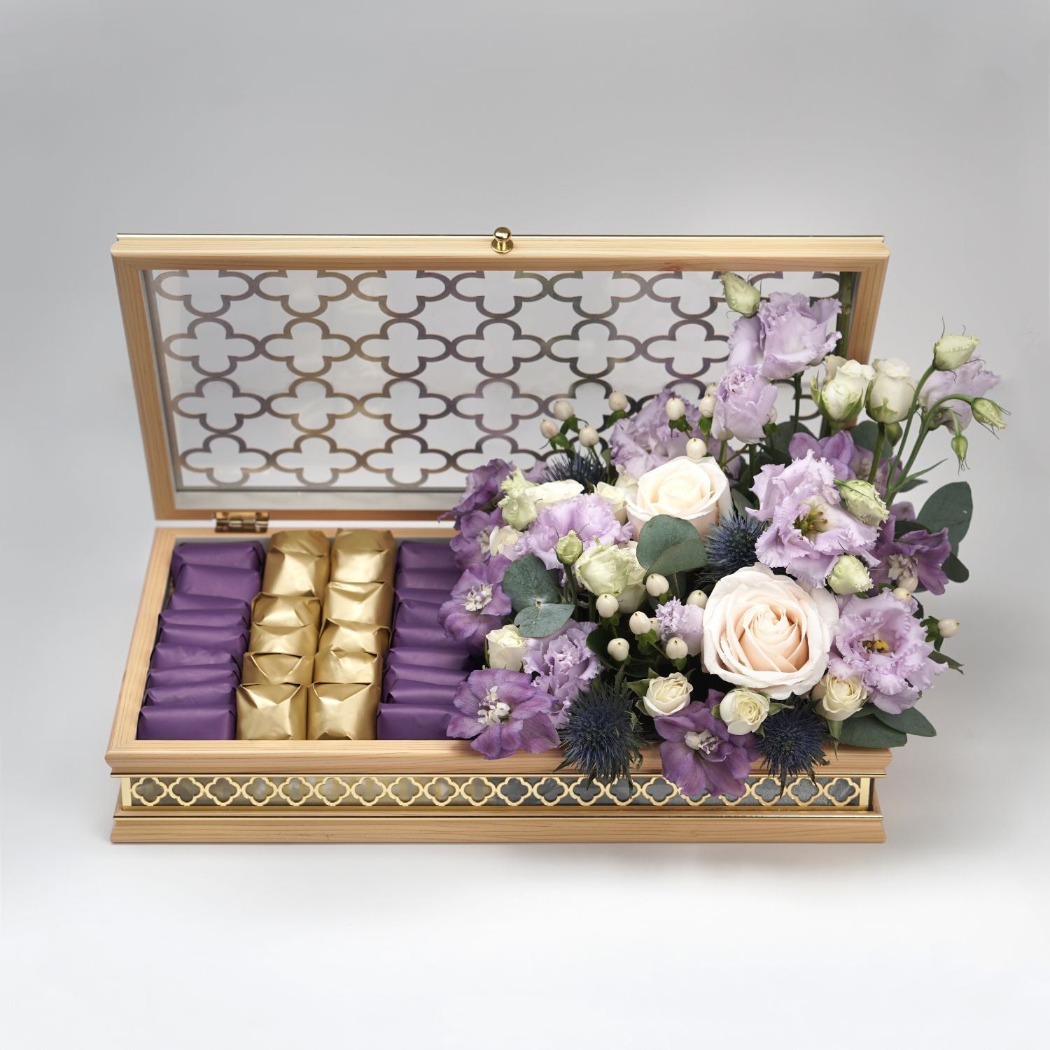 Elegant Mixed Flowers & Chocolates Golden Case