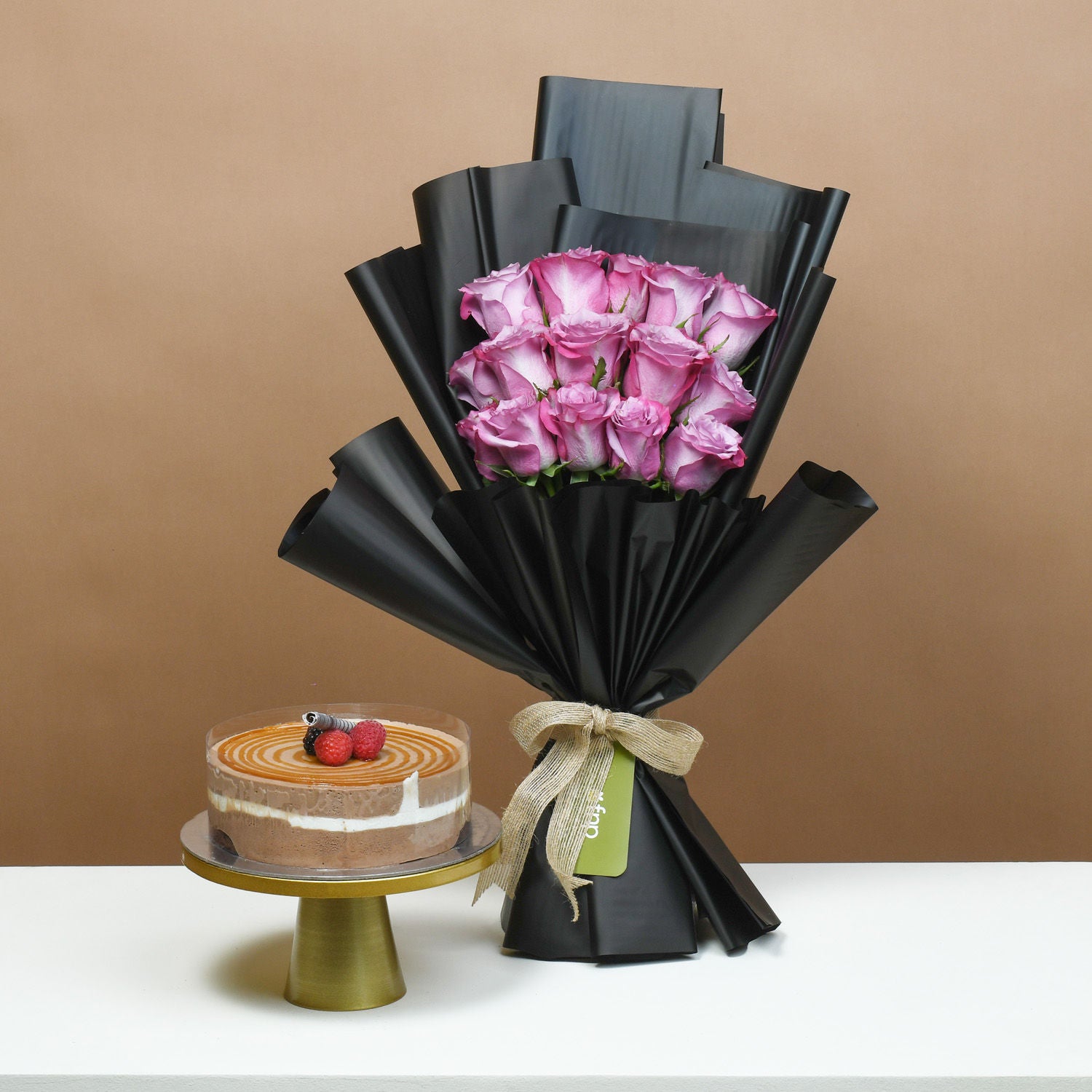 Elegant Plum Roses and Cake Delight