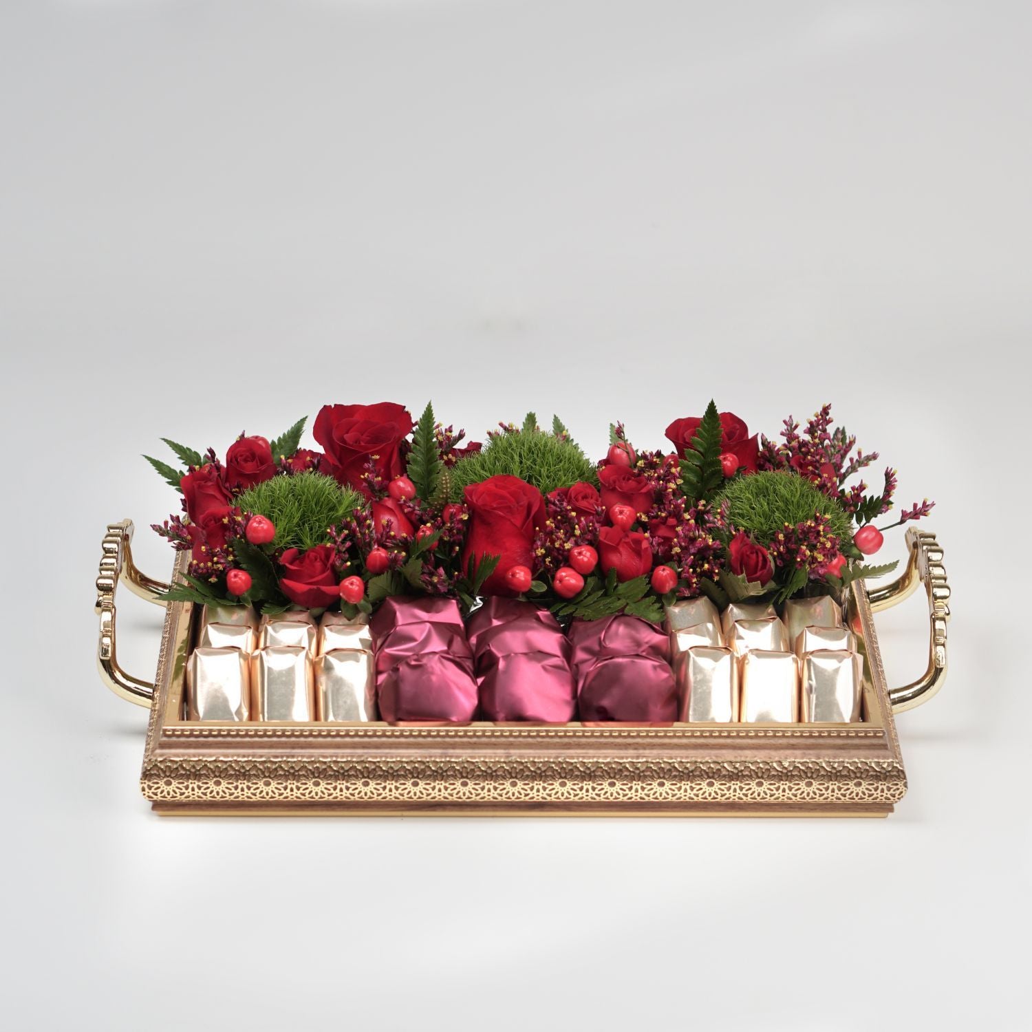 Exotic Mixed Flowers & Chocolates Golden Tray