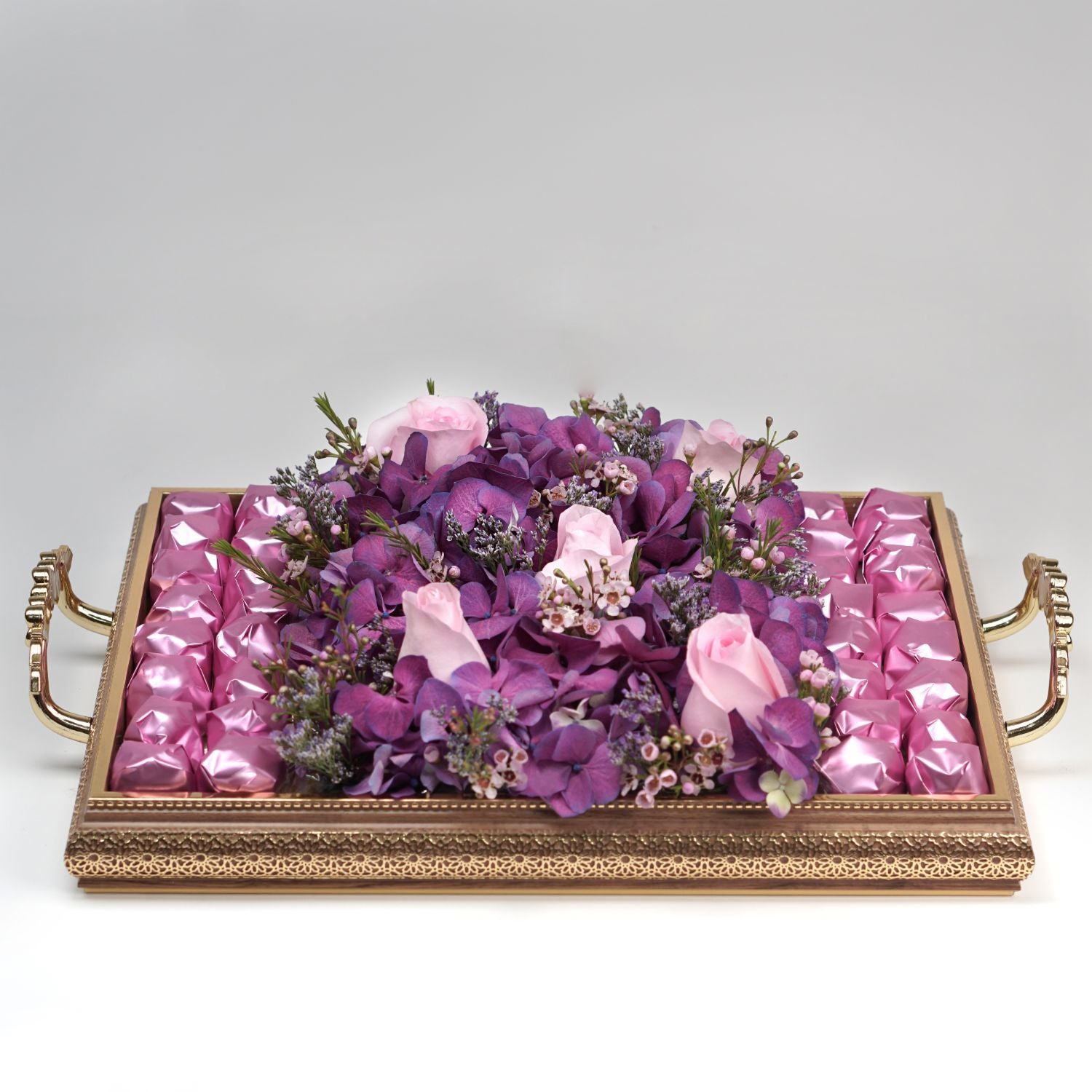 Graceful Mixed Flowers & Chocolates Golden Tray
