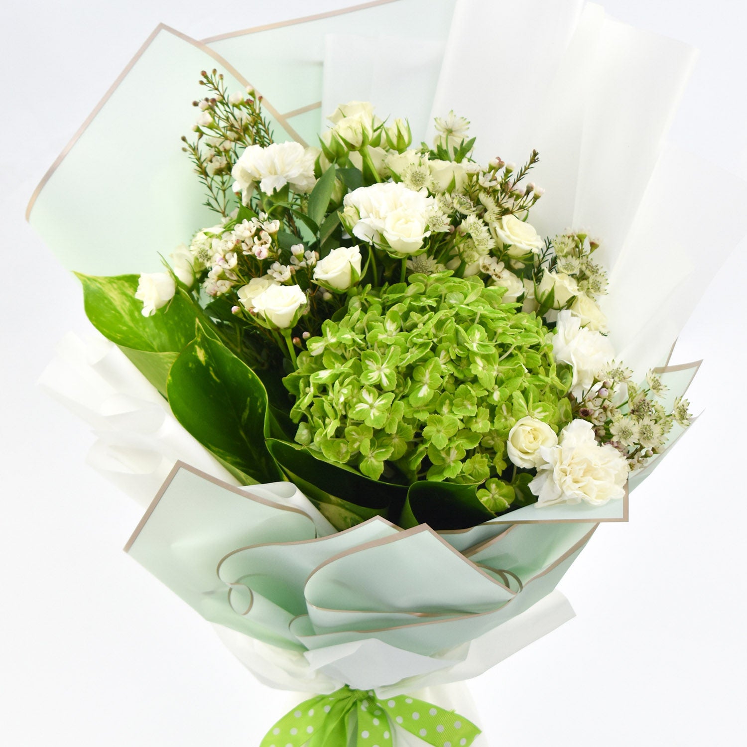 Green Hydrengea Bouquet with White Roses