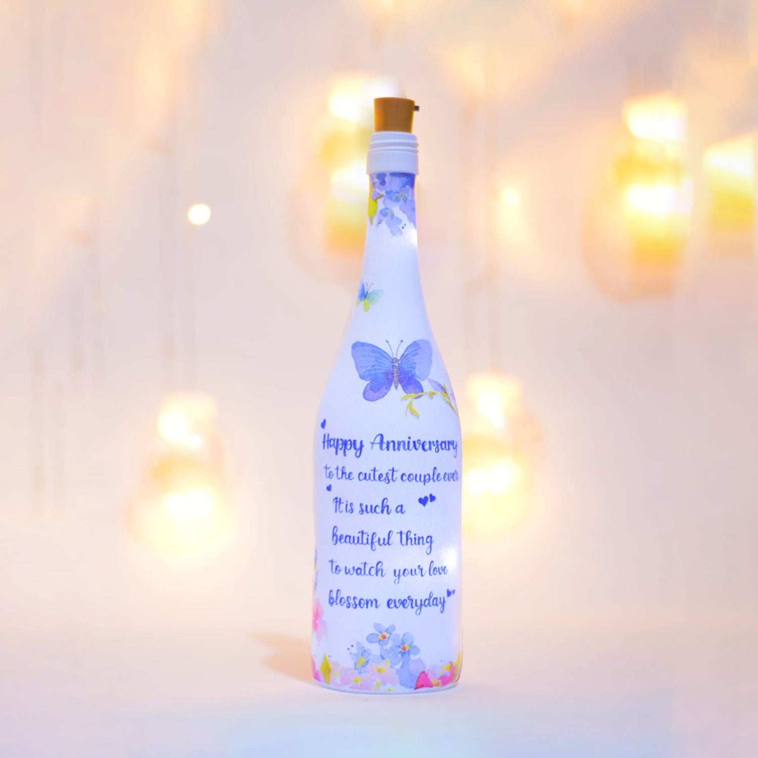 Happy Anniversary Hand Painted Glass Bottle With Led Light