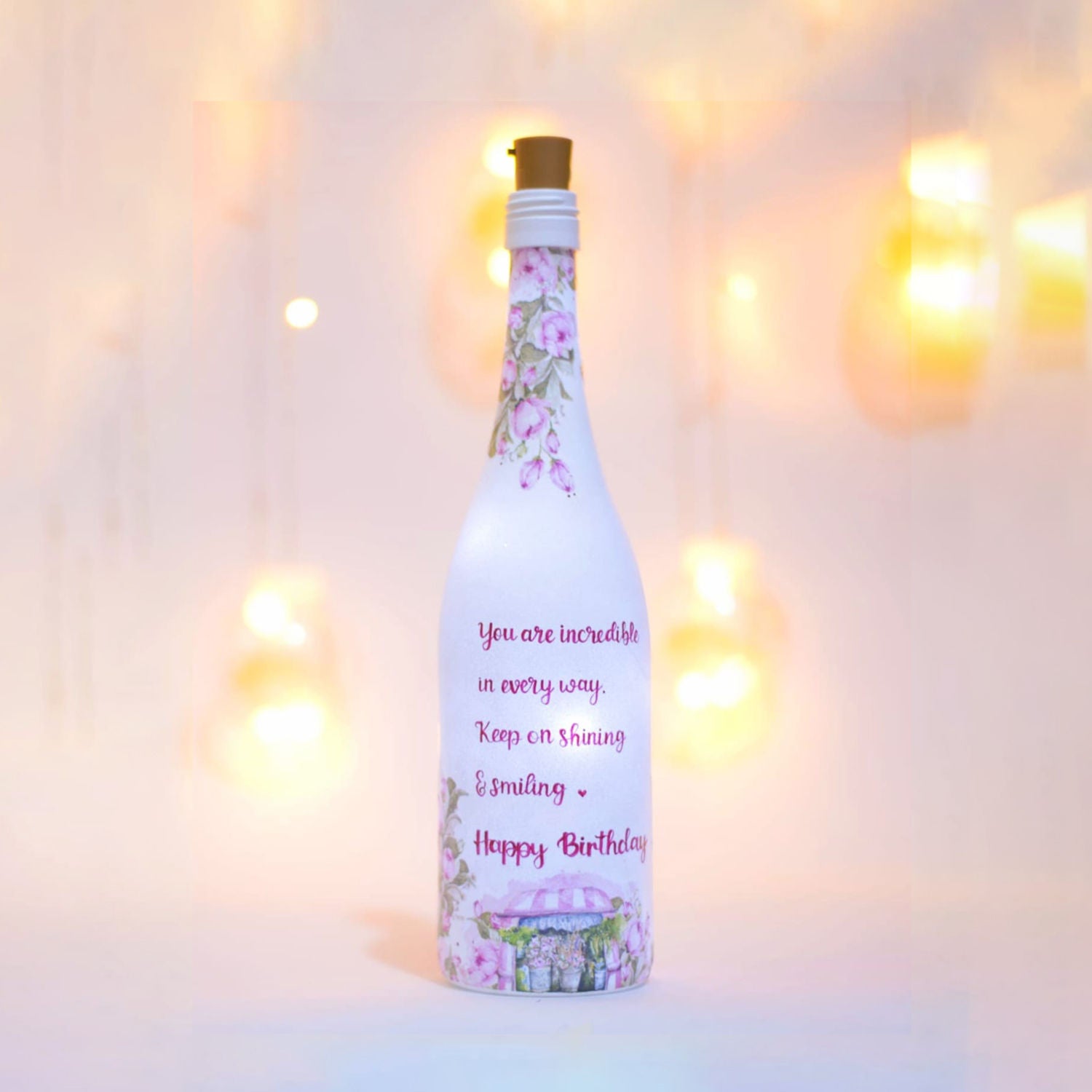 Happy Birthday Hand Painted Glass Bottle With Led Light