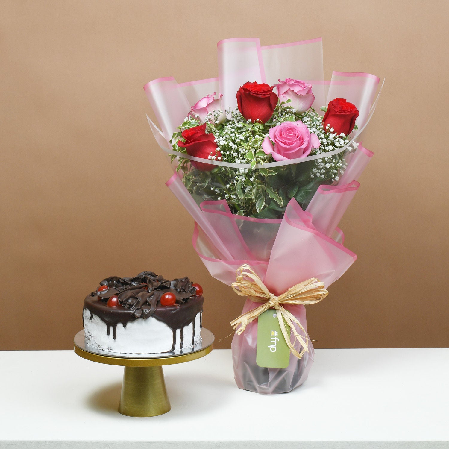 Loves Blushing Roses with Black Forest Cake