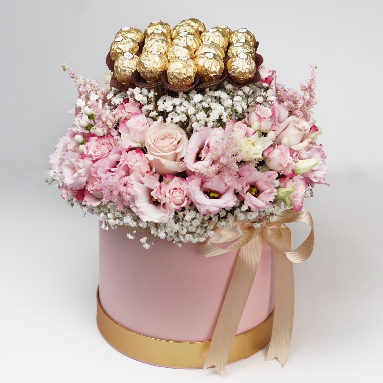 Luxurious Mixed Flowers & Ferrero Rocher Pink Box