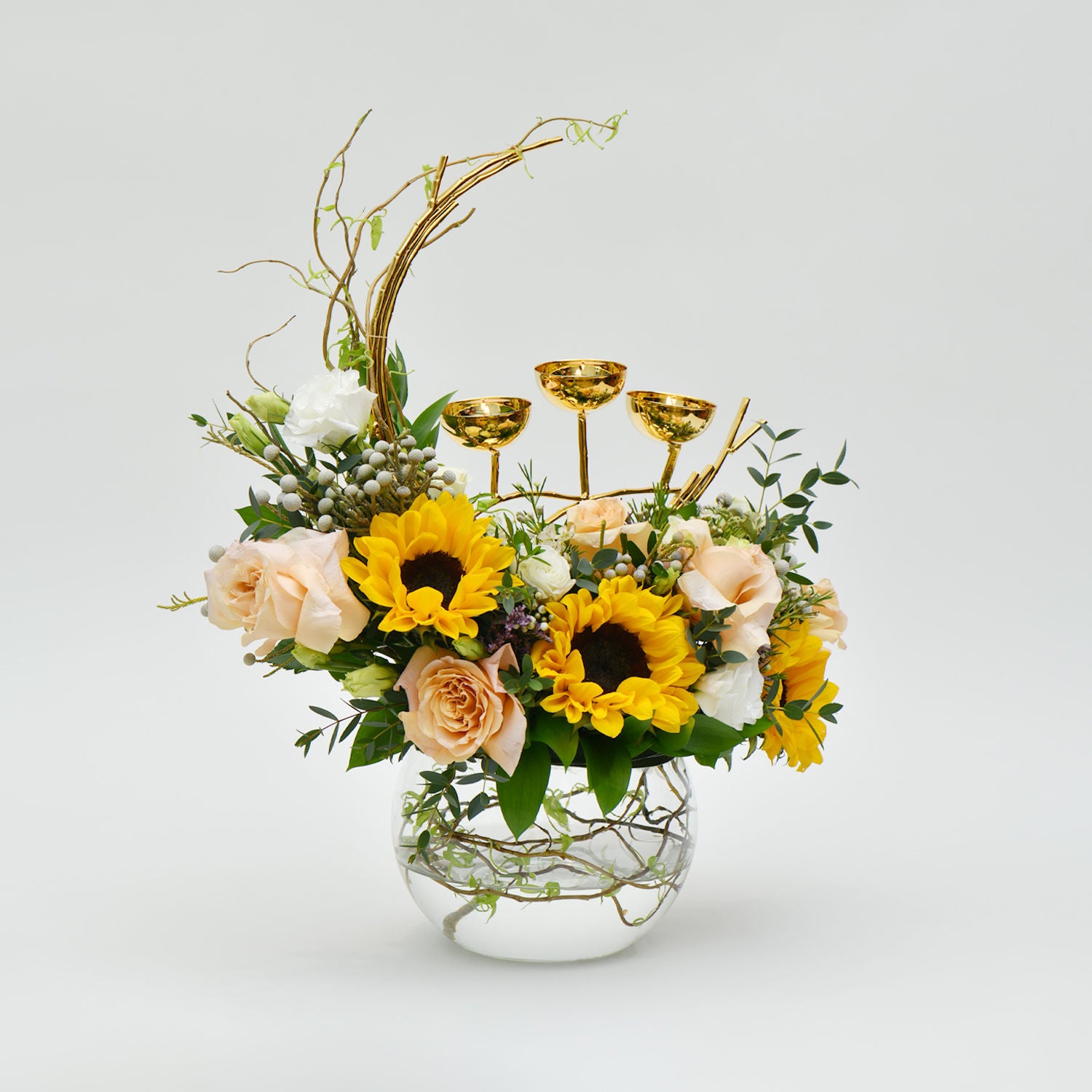 Mix Flowers in Fish Bowl with Candle Holder