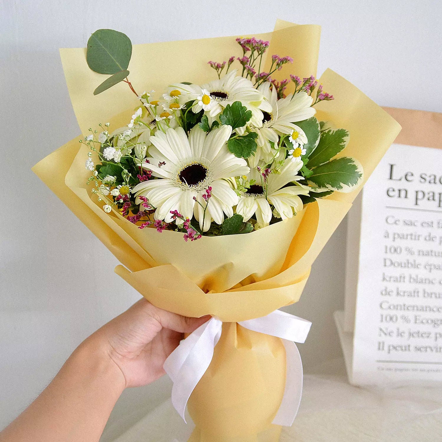 Peaceful White Gerberas Beautifully Tied Bouquet Standard