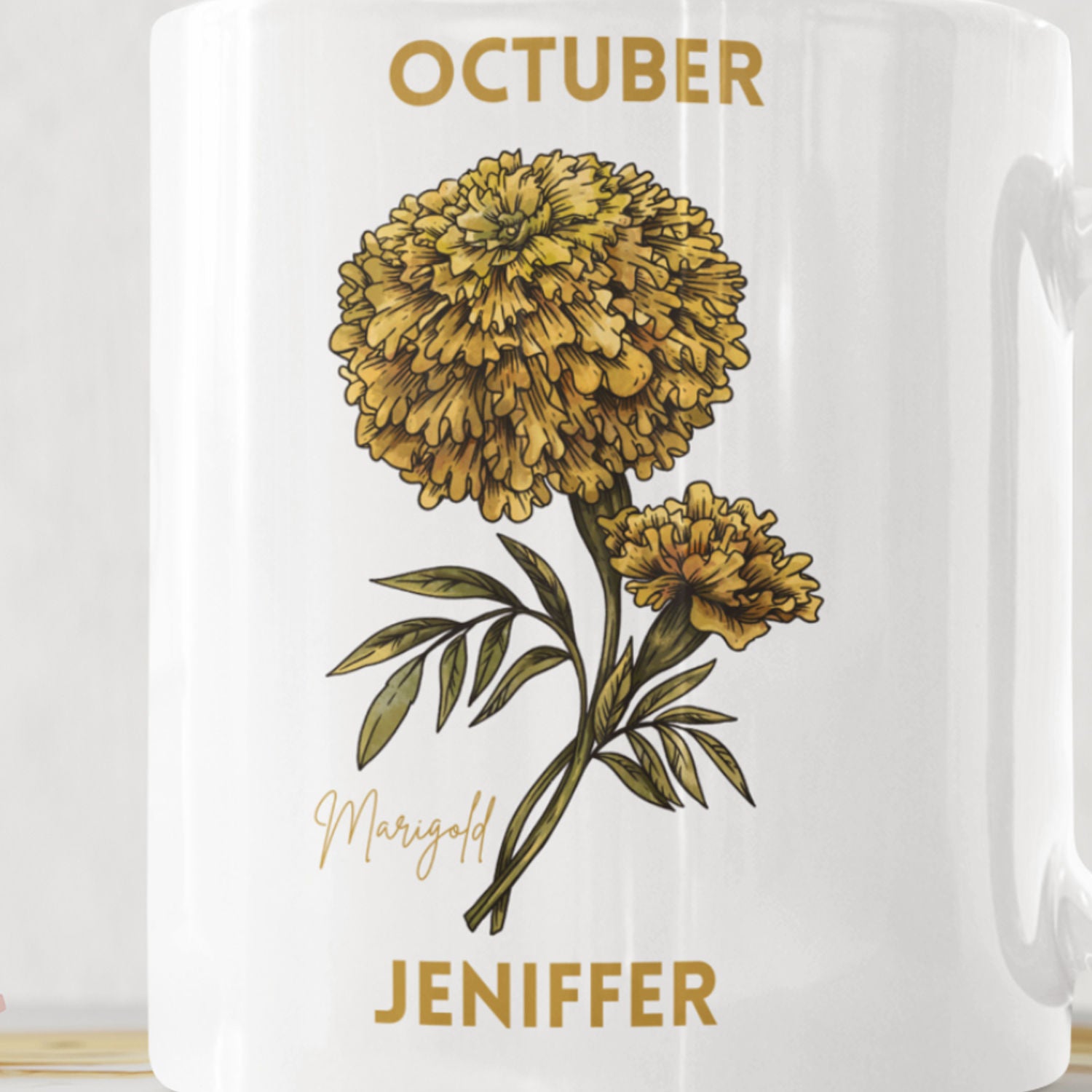 Personalied October Birthday Mug Yellow Marigold