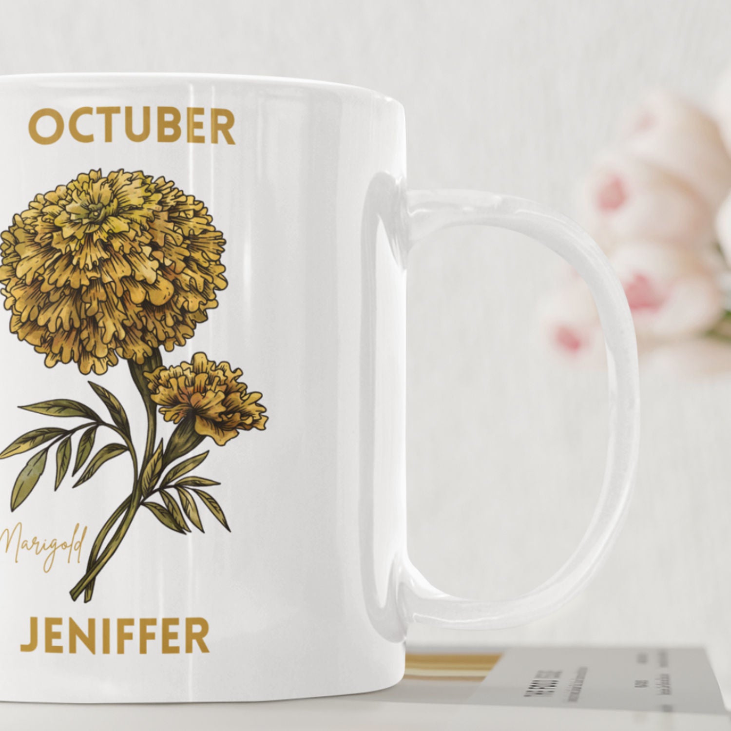 Personalied October Birthday Mug Yellow Marigold