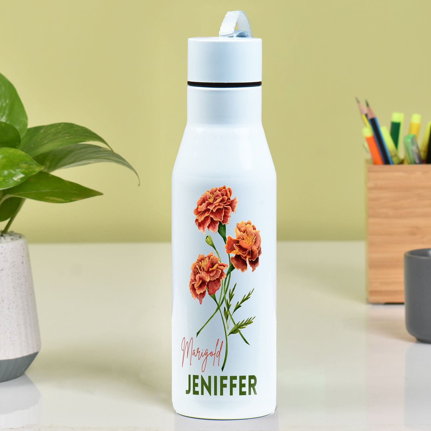 Personalised Marigold Flower Printed Bottle