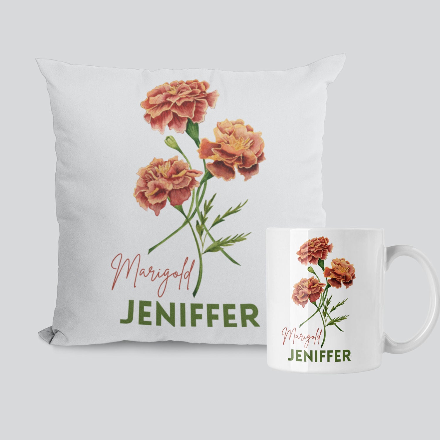 Personalised October Mug And Cushion Orange Marigold