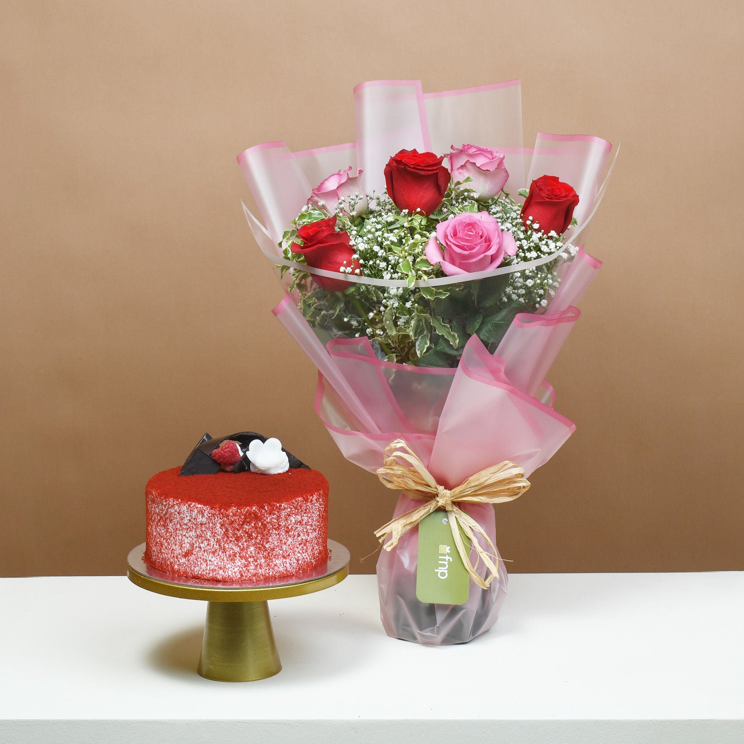 Pink and Red Roses with Red Velvet Cake