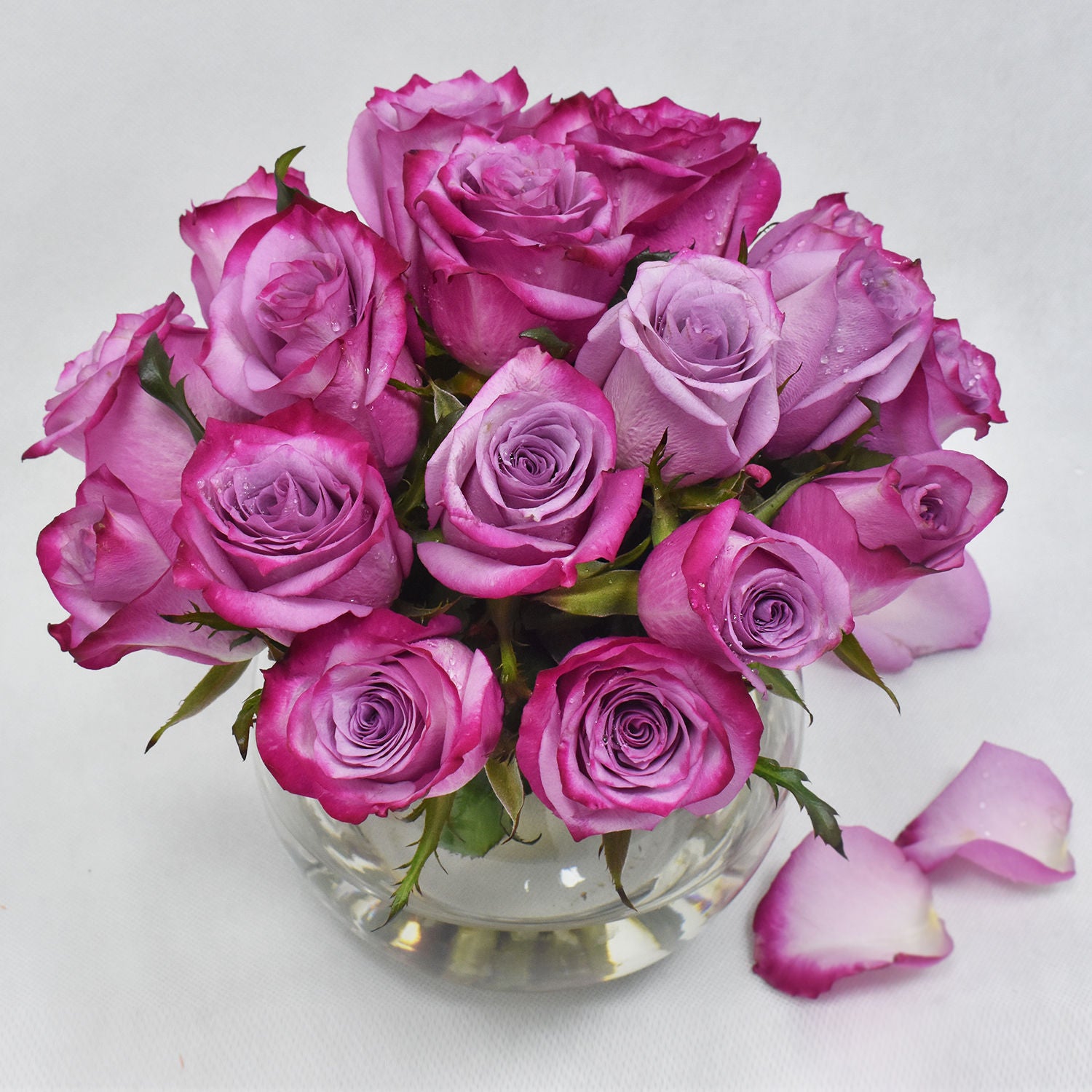 Purple Roses in Glass Bowl