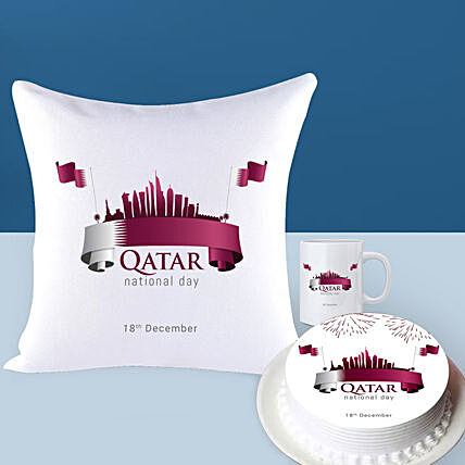 Qatar National Day Cake With Cushion And Mug
