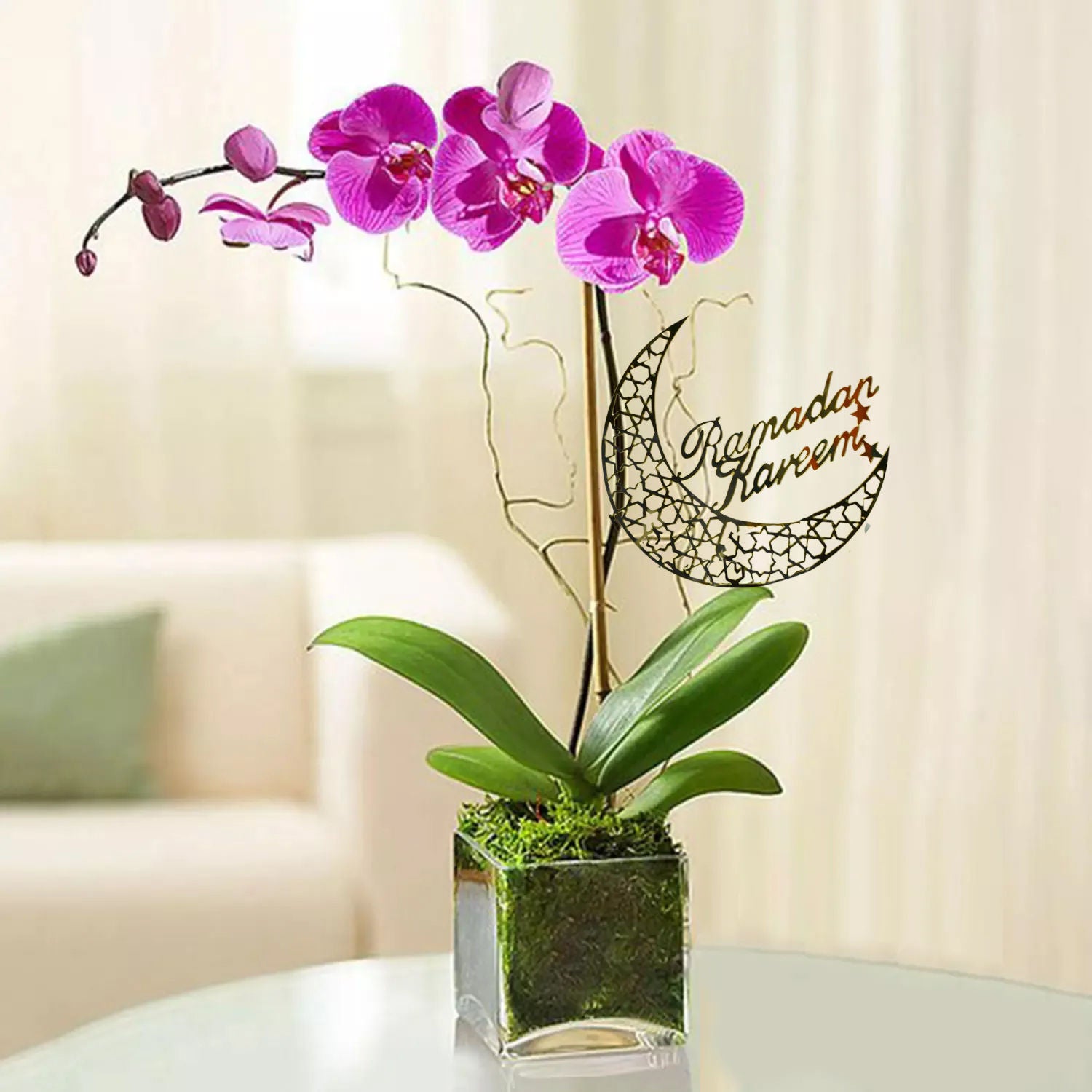 Ramadan Kareem Purple Orchid Plant In Glass Vase