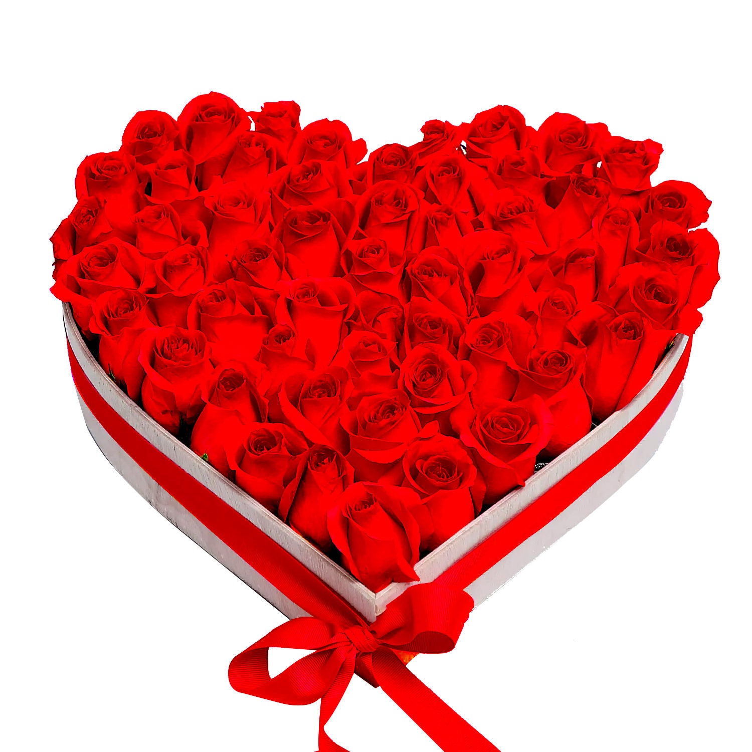 باقة 50 وردة جوري أحمر فاخر في بوكس شكل قلب