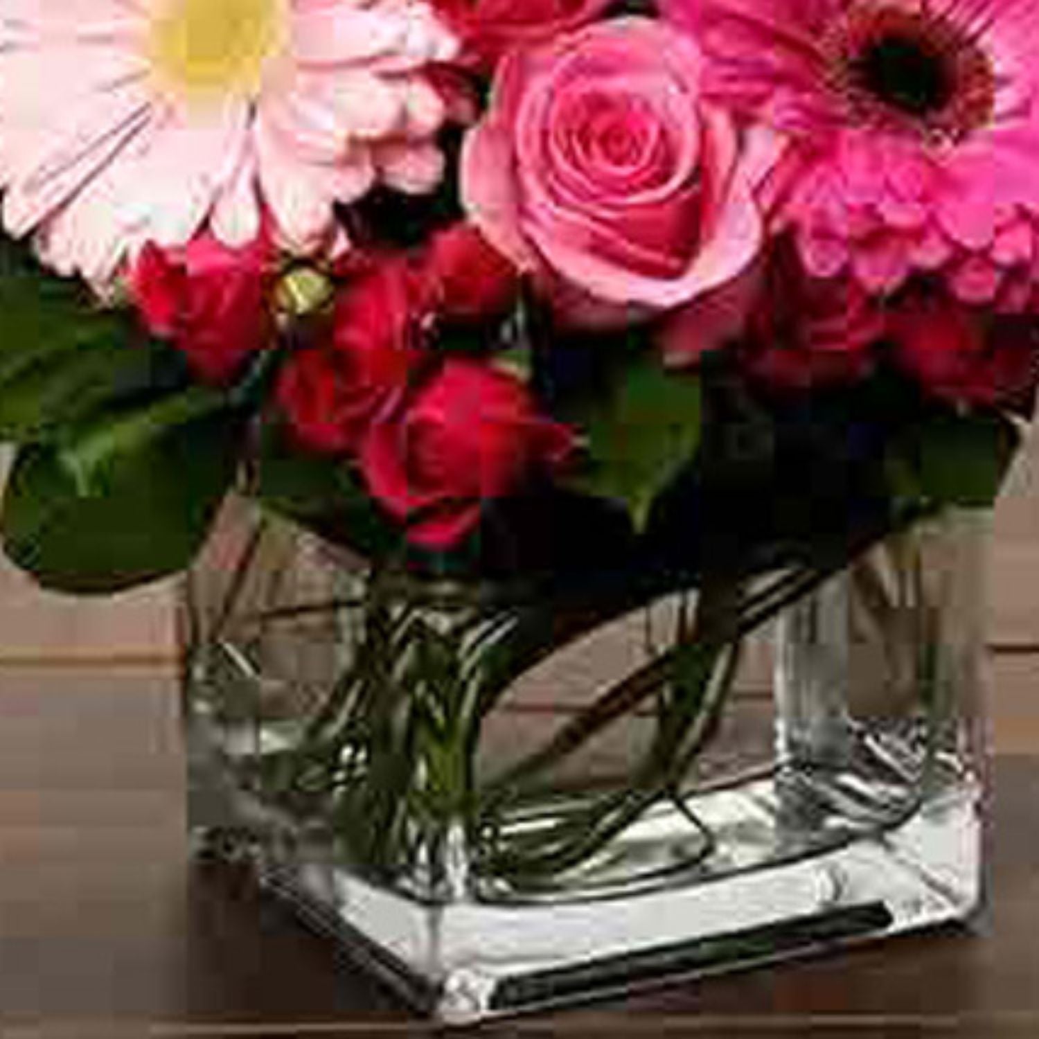 Roses and Gerbera Arrangement In Glass Vase