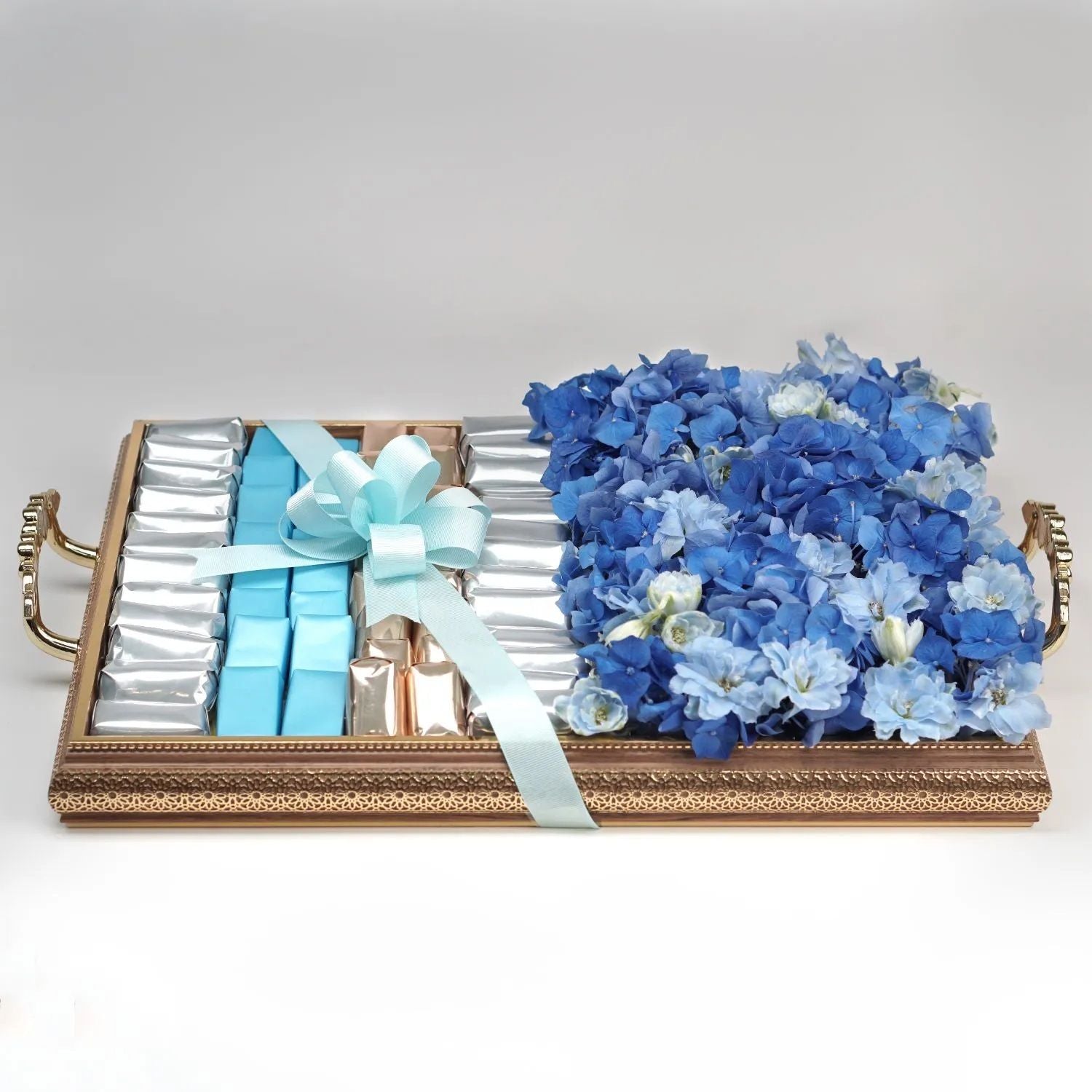 Vibrant Mixed Flowers & Chocolates Golden Tray