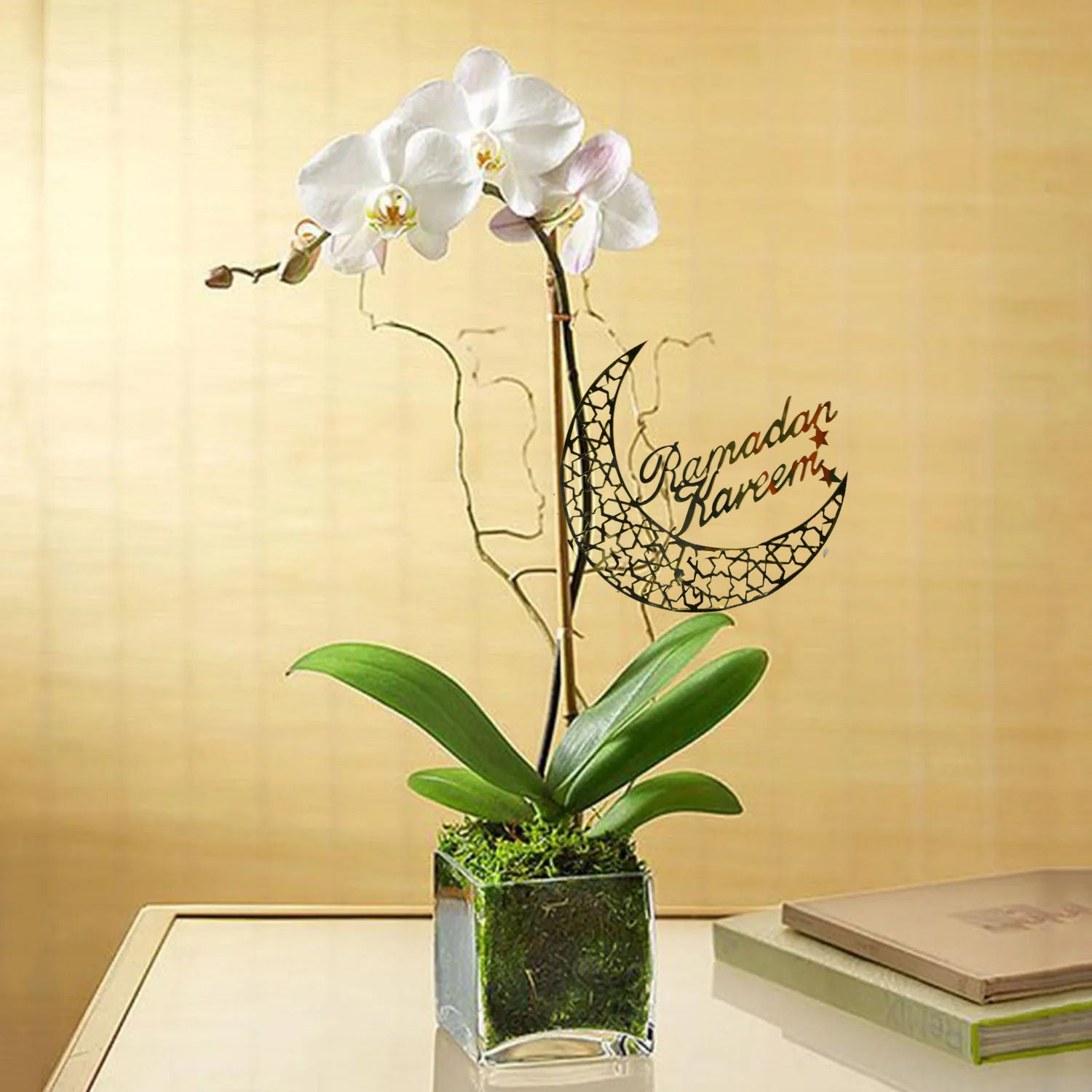 White Orchid Plant In Glass Vase & Ramadan Topper