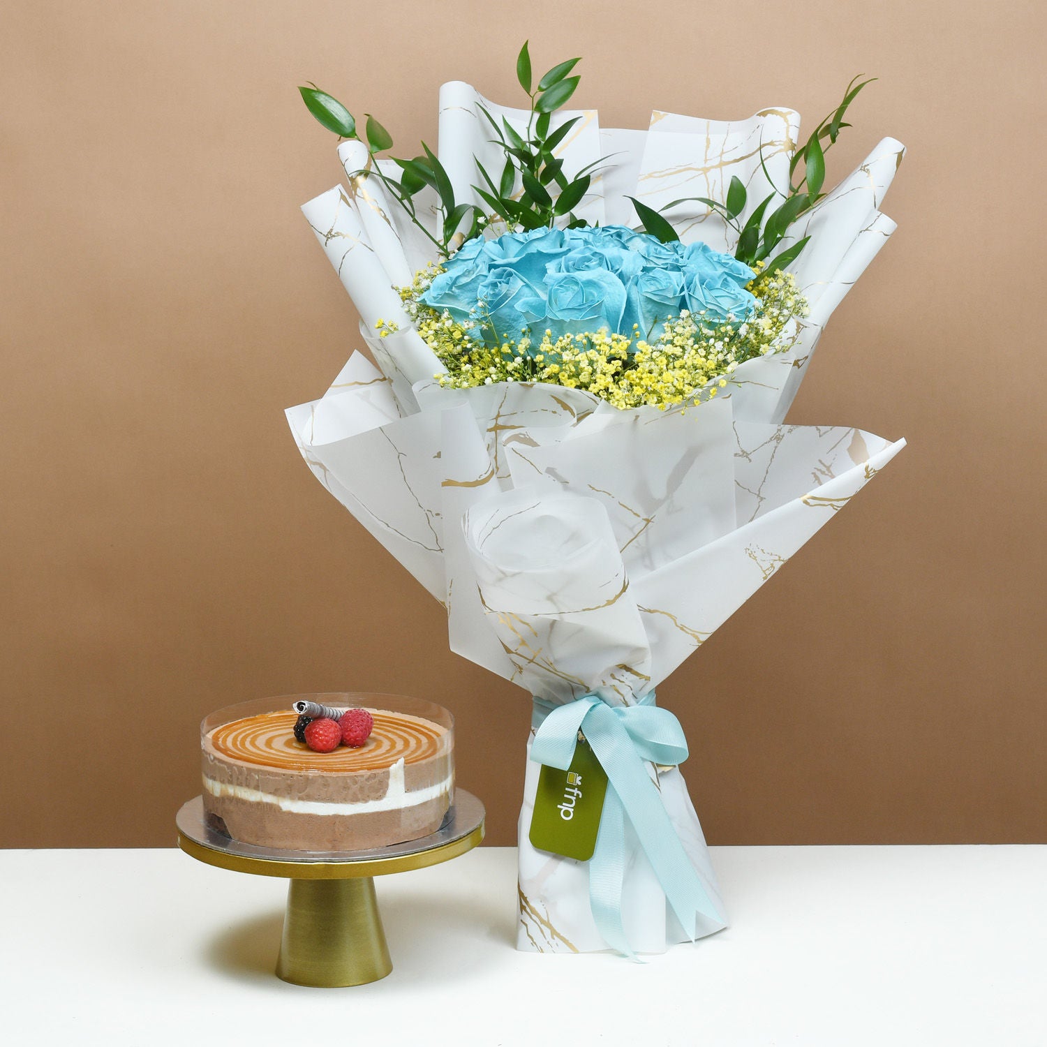 White Roses in a Blue Sea with Cake Surprise