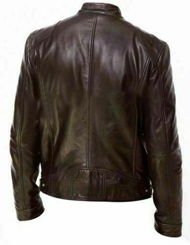 Mens vintage cafe racer brown genuine leather slim fit real biker jacket