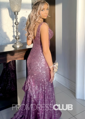 Lilac Prom Dresses Long Mermaid Sequins V-Neck
