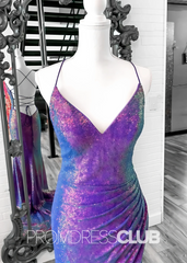 Dark Purple Prom Dress Long Mermaid  Iridescent Sequins V Neck Lace-Up with Slit