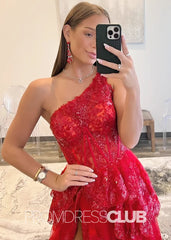 Red Dress Prom Long A-Line Sequin One Shoulder Tiered With Slit