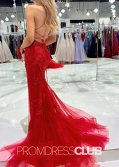 Red Dress Prom Long Mermaid Spaghetti Straps Lace Up With Appliques