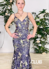 Navy Blue Prom Dress Long Mermaid Spaghetti Straps with Sparkly Appliques