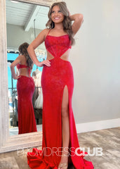 Red Dress Prom Long Mermaid Hollow-out Glitter Sequin with Slit