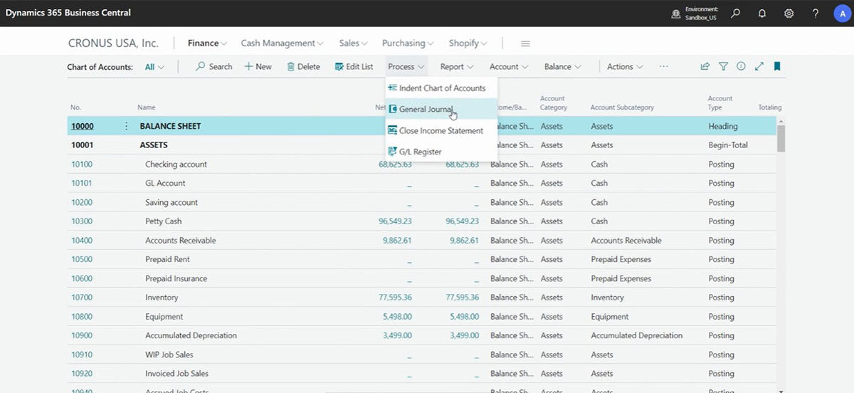 Business Central - chart of accounts