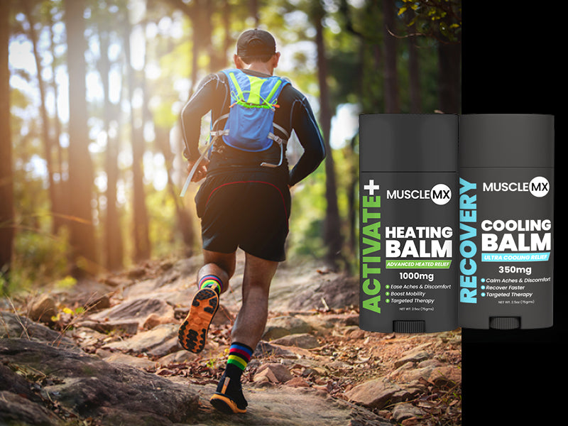 Trail runner with a backpack; Muscle MX balms displayed.