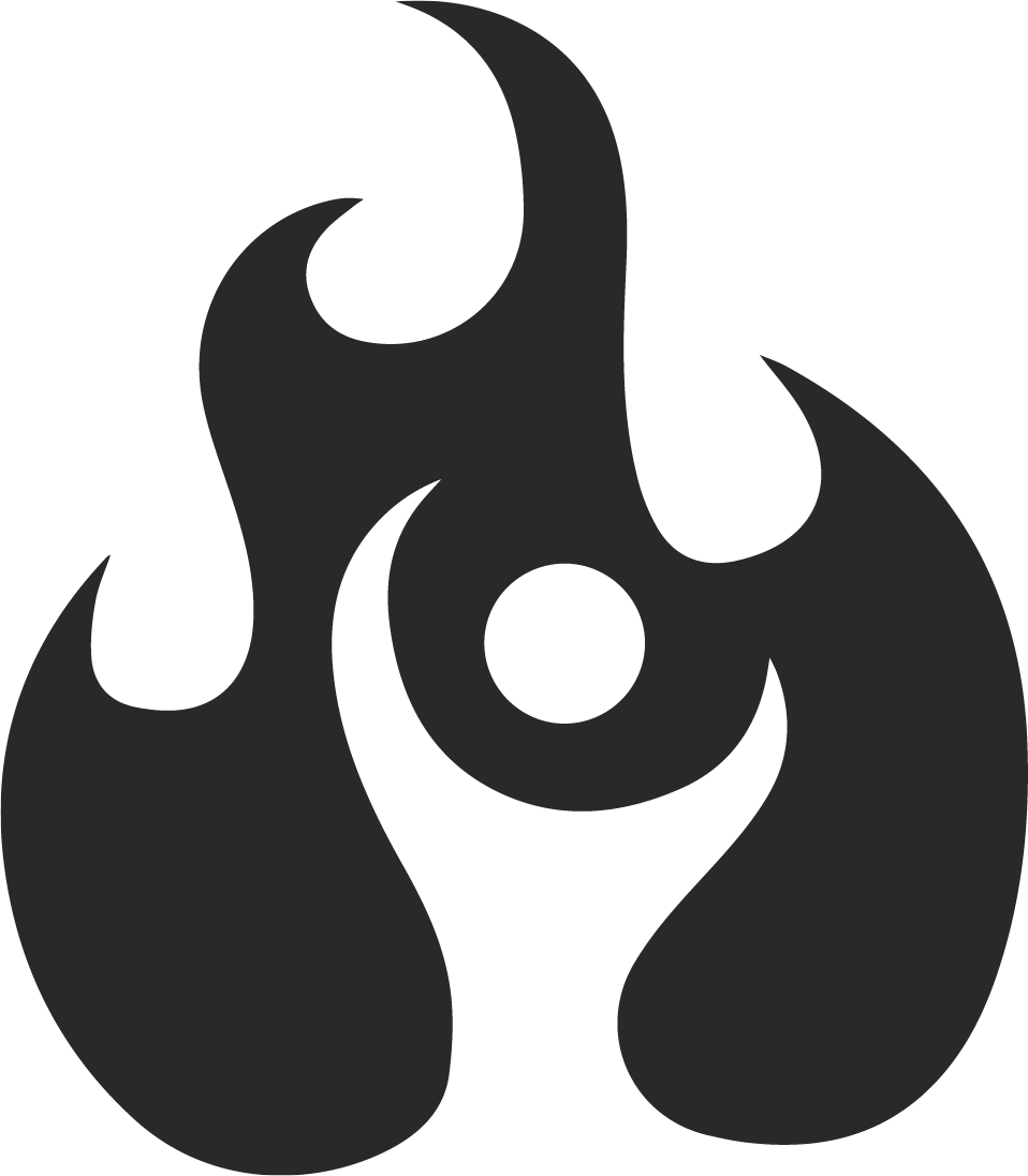 Abstract black flame design with circular center.