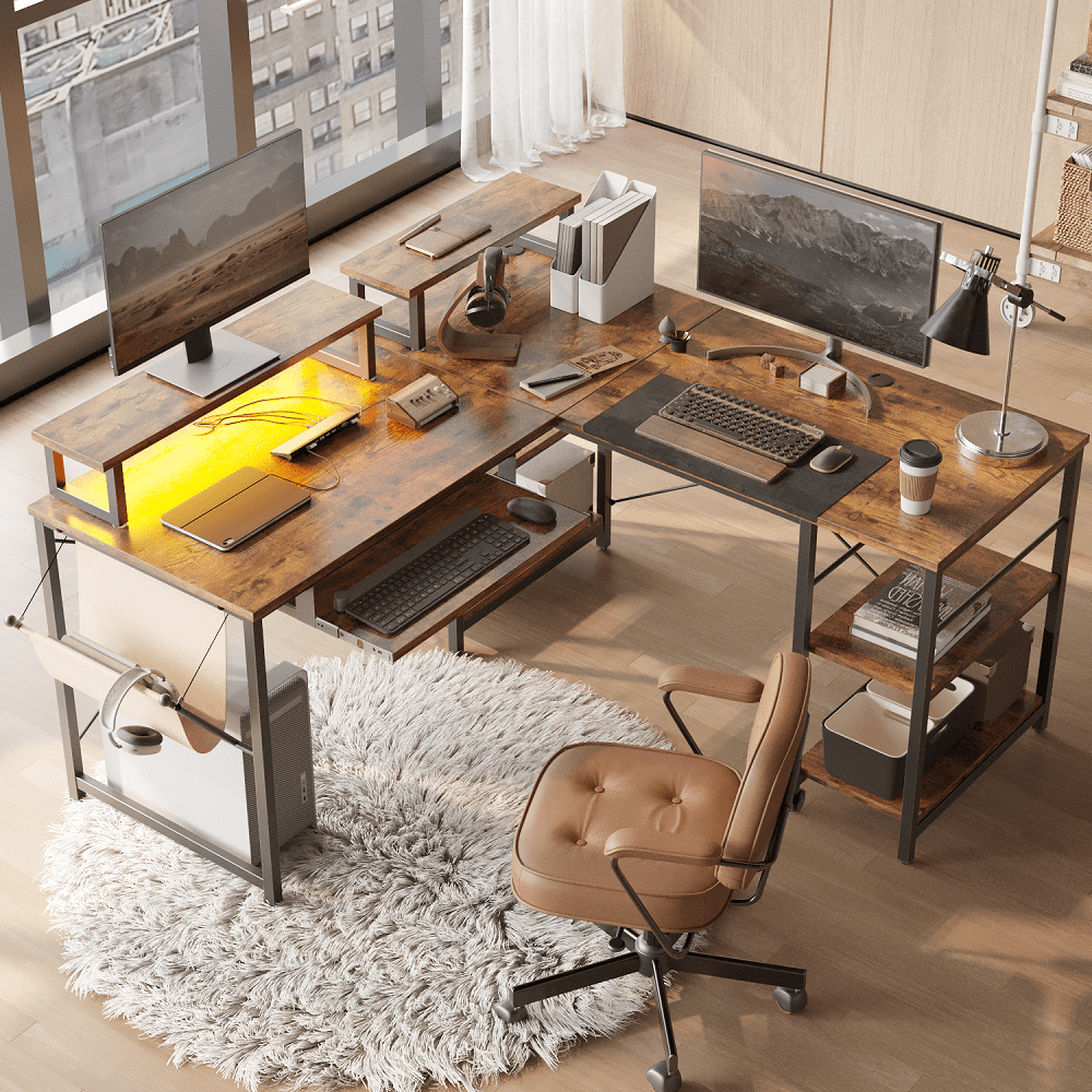 Bestier 95.2 inch L Shaped Gaming Desk with Monitor Stand & Keyboard Tray for Home Office in Rustic