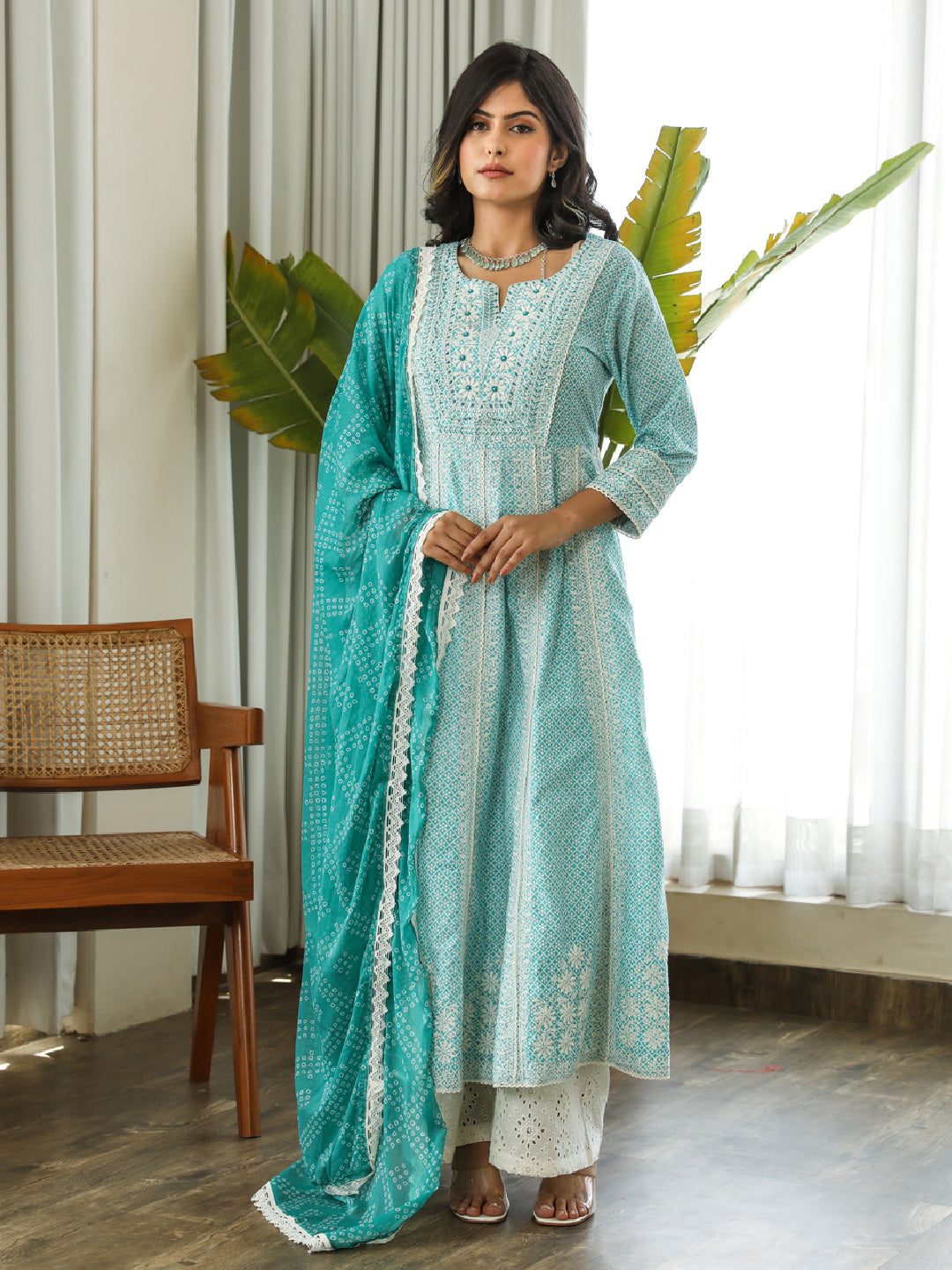 nehamta-turquoise-color-cotton-cambric-a-line-womens-kurta-palazzo-dupatta-set