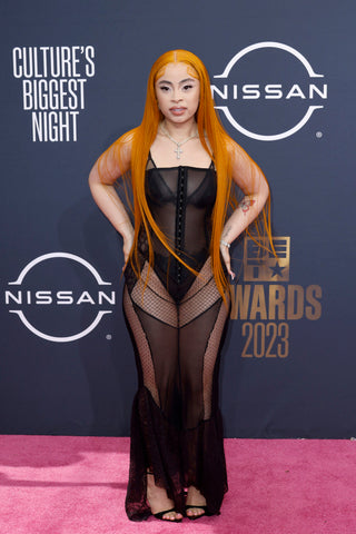 Ice Spice in black mesh at the 2023 BET Awards