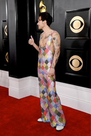 Harry in Egonlab x Swarovski jumpsuit at the Grammys red carpet