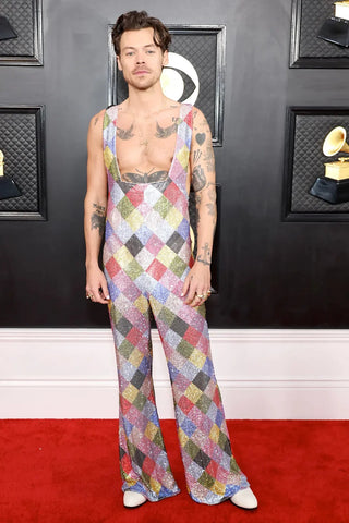 Harry  in a one-of-a-kind Egonlab x Swarovski jumpsuit at the Grammys red carpet