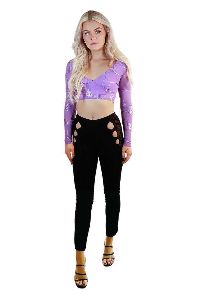 Mesh Purple Foliage Extra Long Flare Sleeve Cute Crop Top with Cross V-Neck