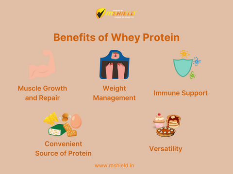 Graphic illustrating benefits of whey protein for muscle growth and weight management.