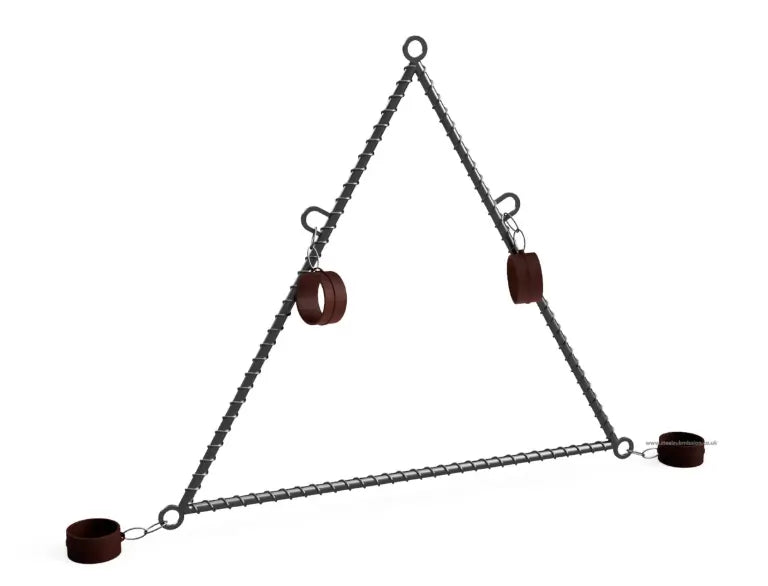Steel triangle bondage spreader frame with brown leather cuffs attached at wrist and ankle points