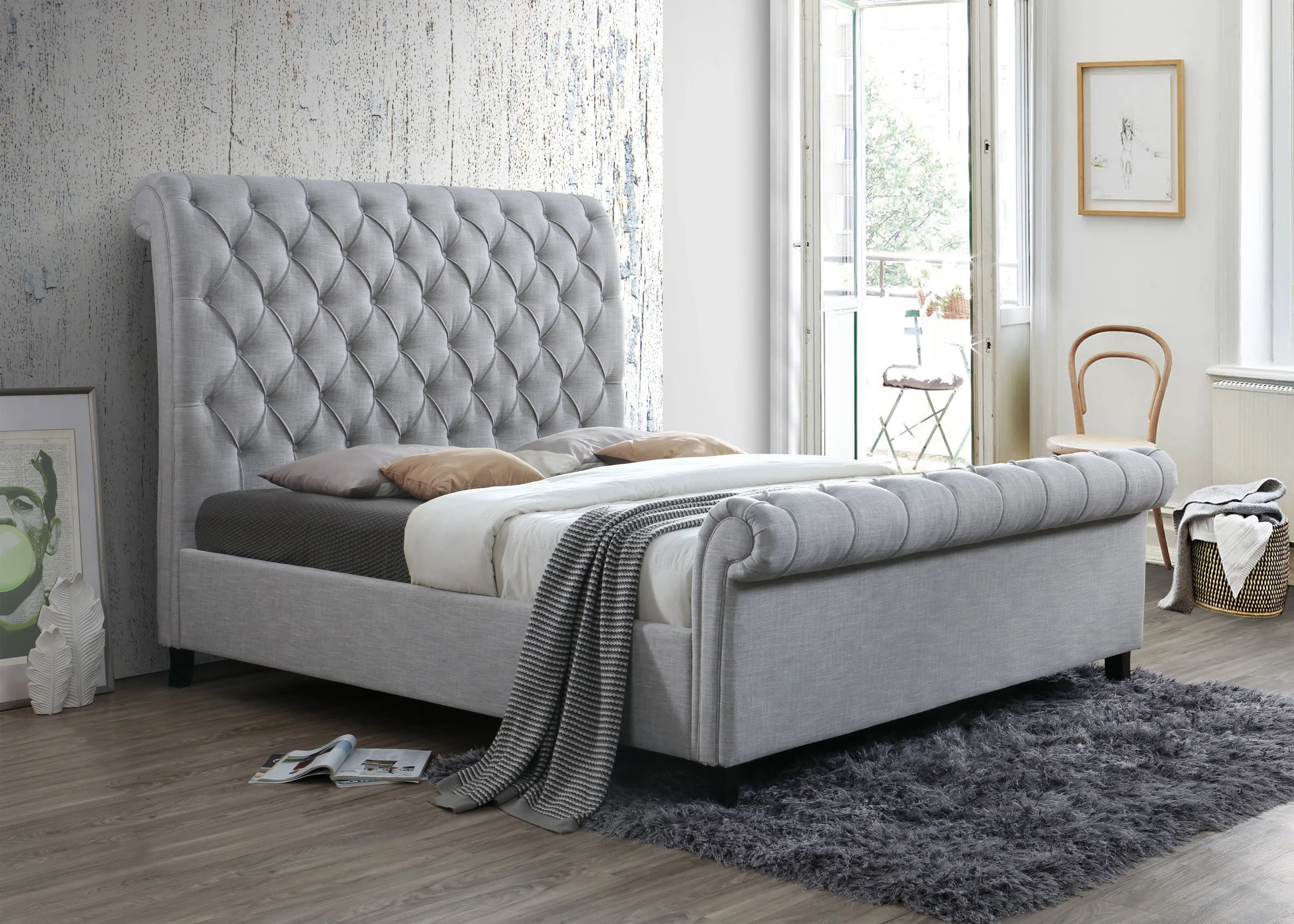 Kate Gray Queen Upholstered Sleigh Platform Bed Crown Mark