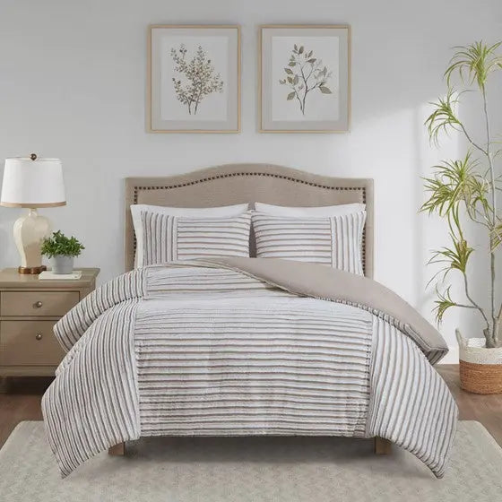 3 Piece Clipped Jacquard Duvet Cover Set Natural Full/Queen Olliix.com