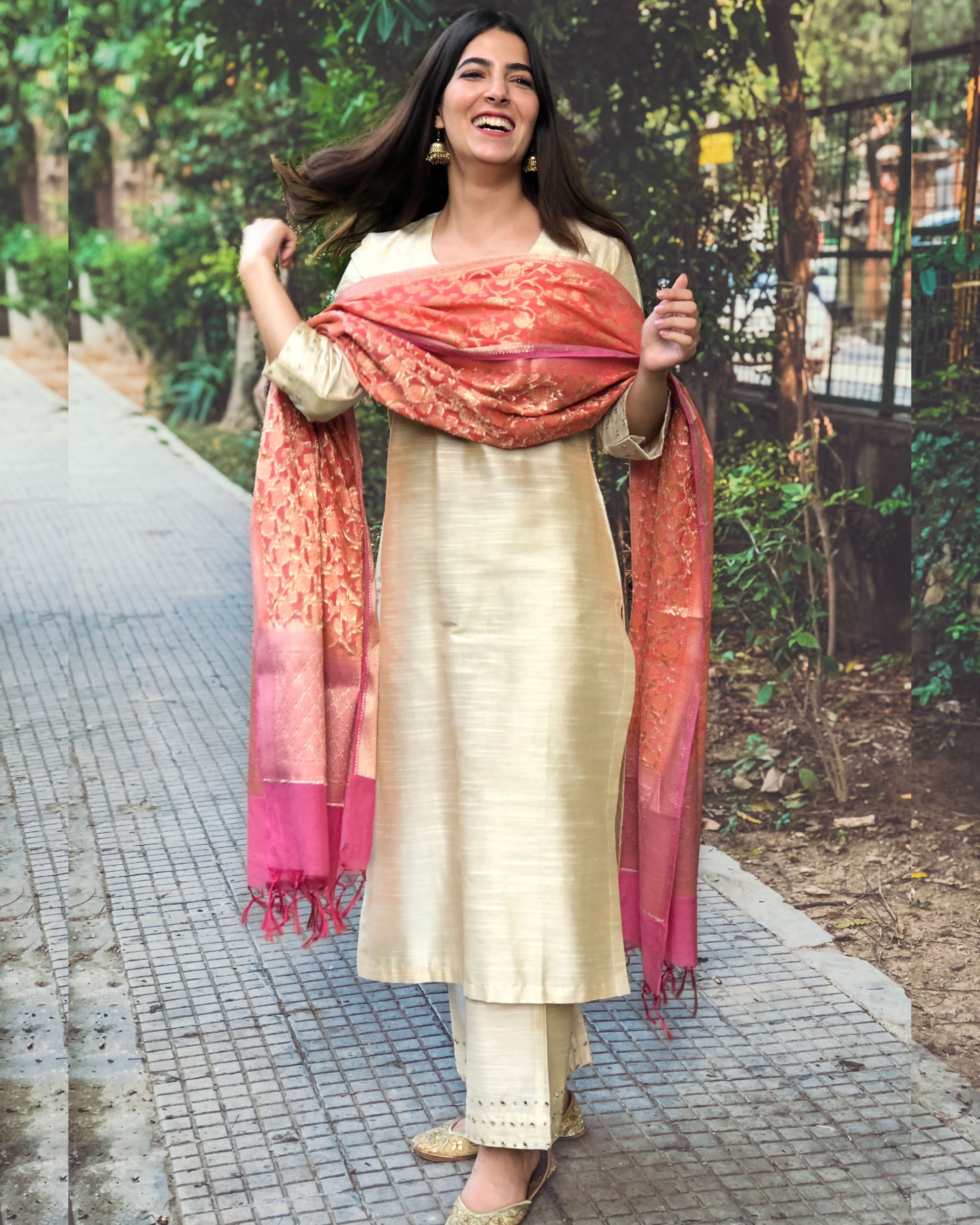 Cream cotton kurta and pants with mirror work mul dupatta- Set Of Three by  The Hemming Bird